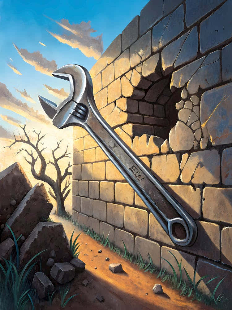 Giant Wrench Breaking Wall Surreal Oil Painting