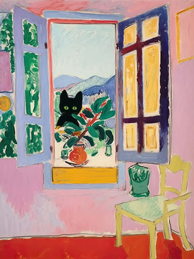 Black Cat Open Window And A Vase And Plants Copy