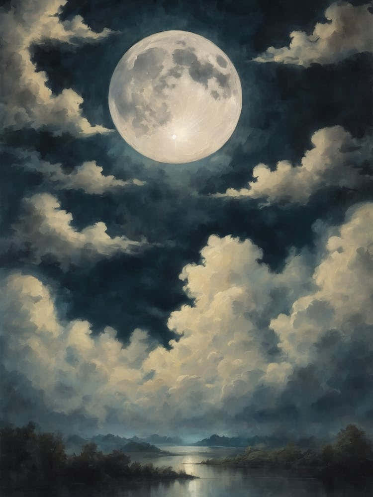 Moody Vintage Full Moon Landscape Scenery | Dark Cottagecore Dreamy Cloudy Painting | Library Gallery Feature Altar Wall | Witchy HD