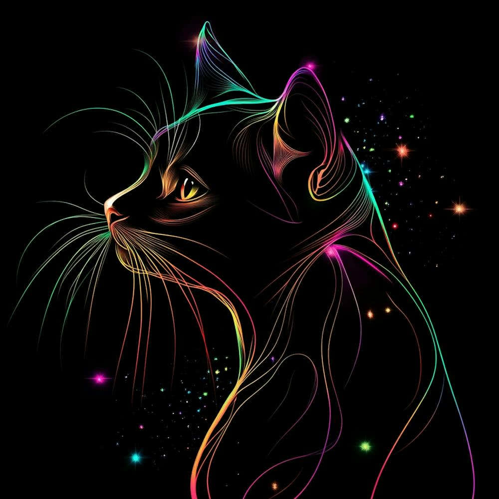 A Cat With Neon Glowing Lines A Dark Background