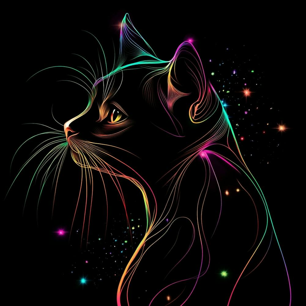 A Cat With Neon Glowing Lines A Dark Background