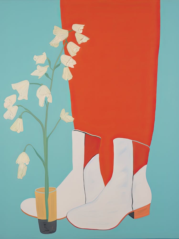 A Painting Of Cowboy Boots With White Flowers, Pop Art Style 18