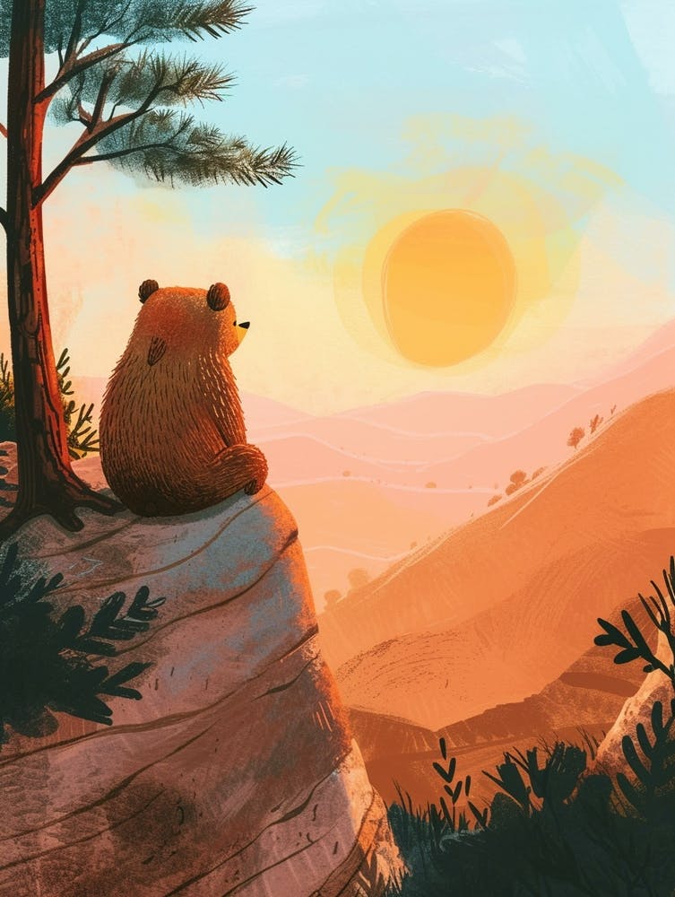 Sloth Bear Looking At A Sunset From A Mountaintop Storybook Illustration 2