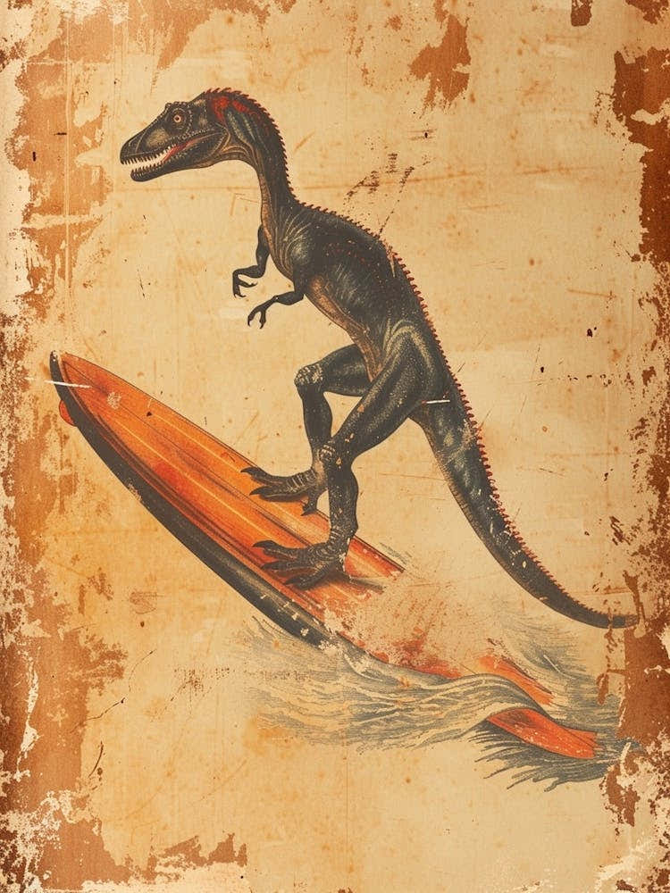 Vintage Archaeopteryx Dinosaur On A Surf Board