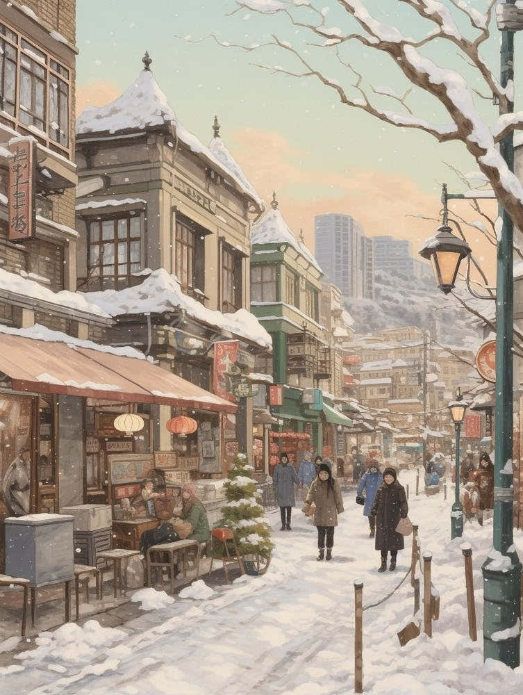 Vintage Winter Illustration Tokyo Japan 2