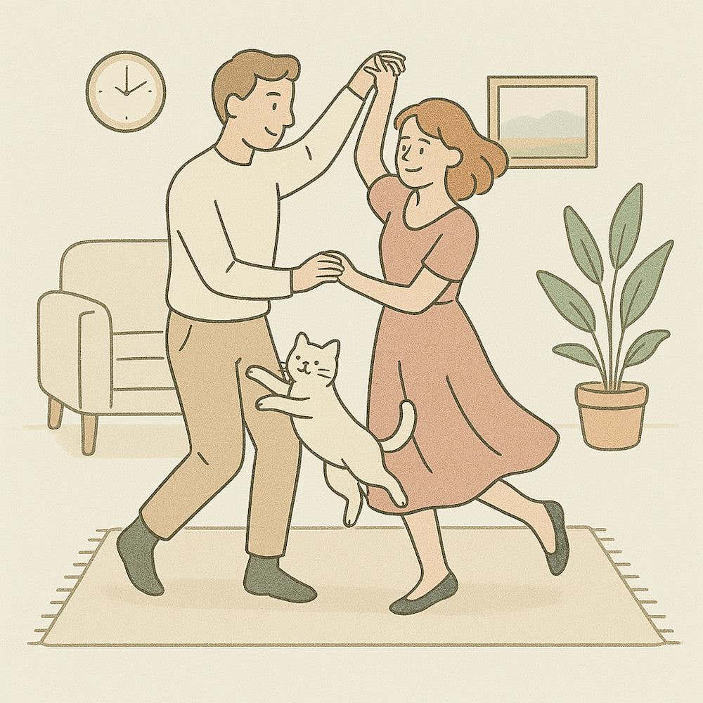 Joyful Couple Dancing with Their Cat in a Cozy Room Wall Art