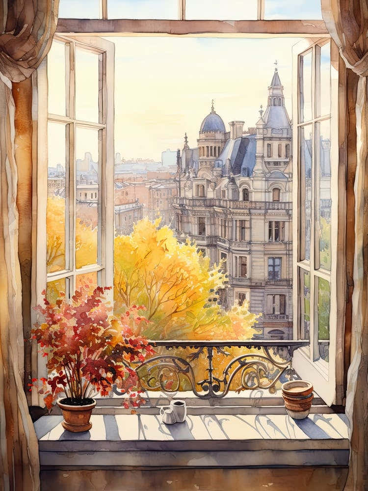 Window View Of Bucharest Romania In Autumn Fall, Watercolour 1