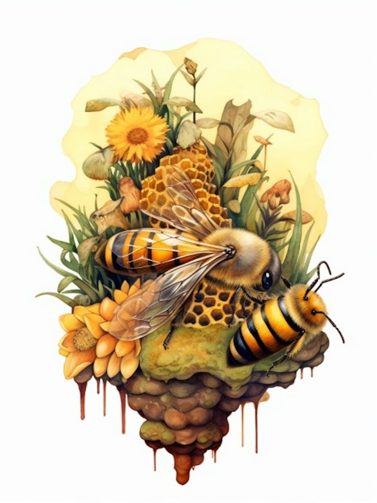Honey Bee Mimic Bee Beehive Watercolour Illustration 2