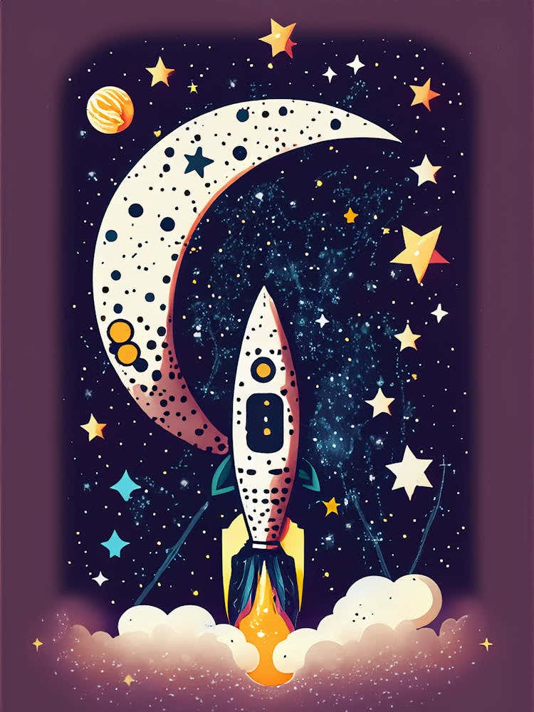 Retro Rocket and Moon, Nostalgic Space Illustration.