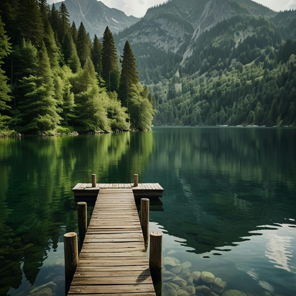 A Serene Lakeside Scene With Crystal Clear Water Reflecting The Lush Green Trees And Surrounding Mountains