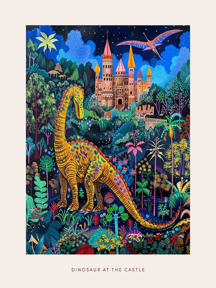 Dinosaur In The Castle Garden Painting 1 Poster