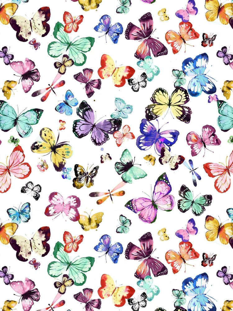 Watercolor Butterflies Multi White