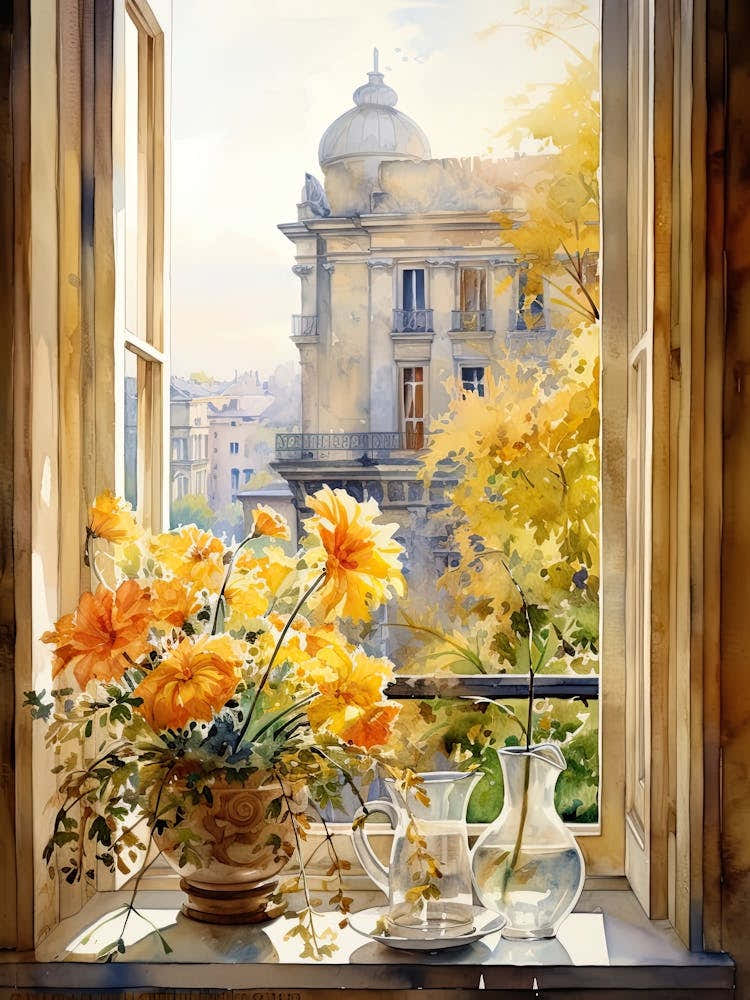Window View Of Milan Italy In Autumn Fall, Watercolour 1