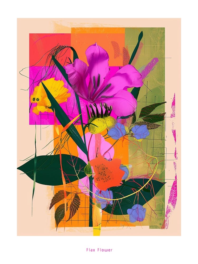 Flax Flower 2 Neon Flower Collage Poster