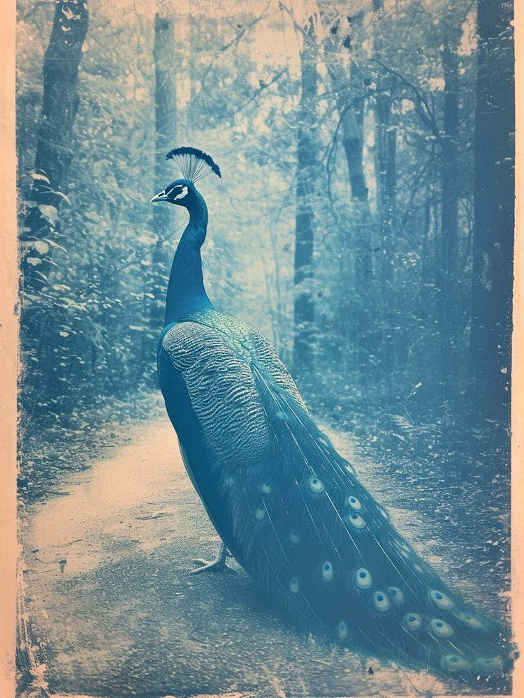 Vintage Peacock On A Path Cyanotype Inspired 3