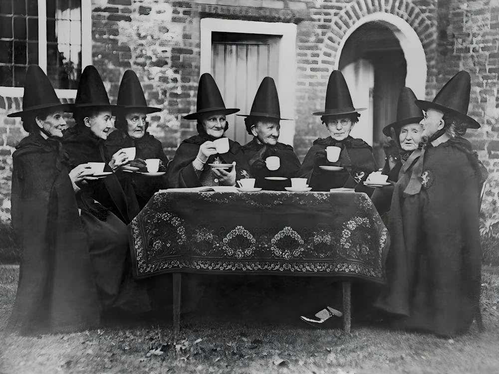 Witches At Tea Party, Vintage Black and White Old Photo
