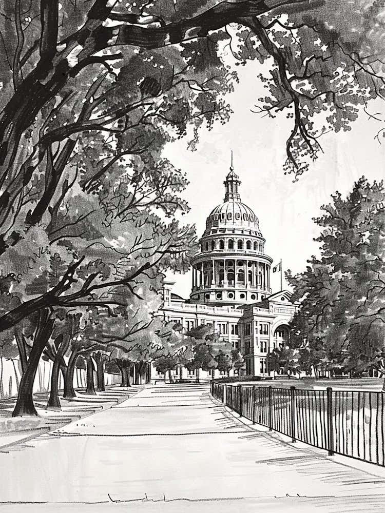 The Texas State Capitol Austin Texas Black And White Drawing 4
