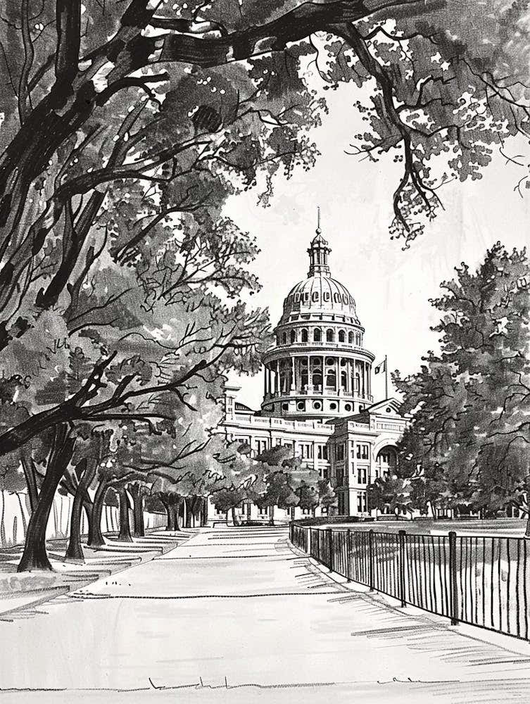 The Texas State Capitol Austin Texas Black And White Drawing 4
