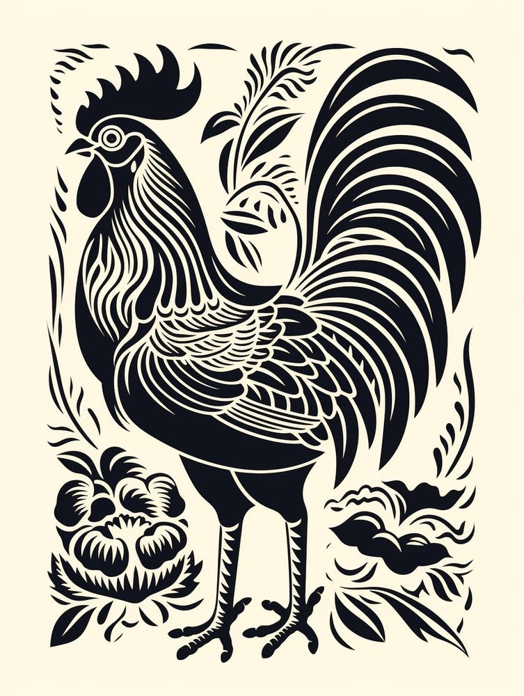 B&W Bird Linocut Rooster 3