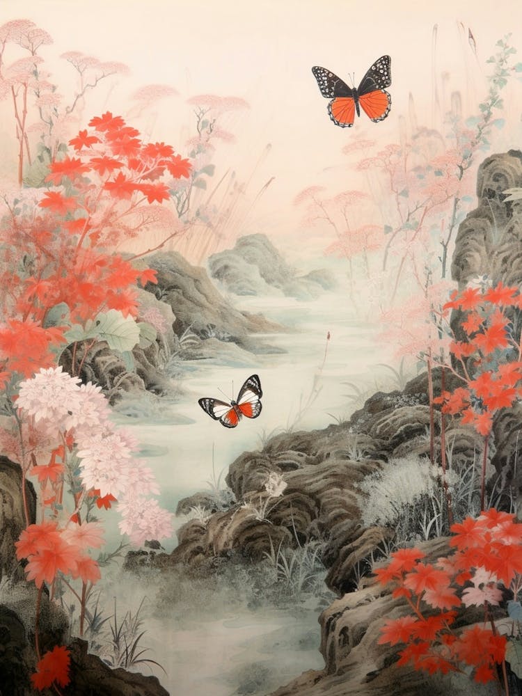 Butterflies By The River Japanese Style Painting 1