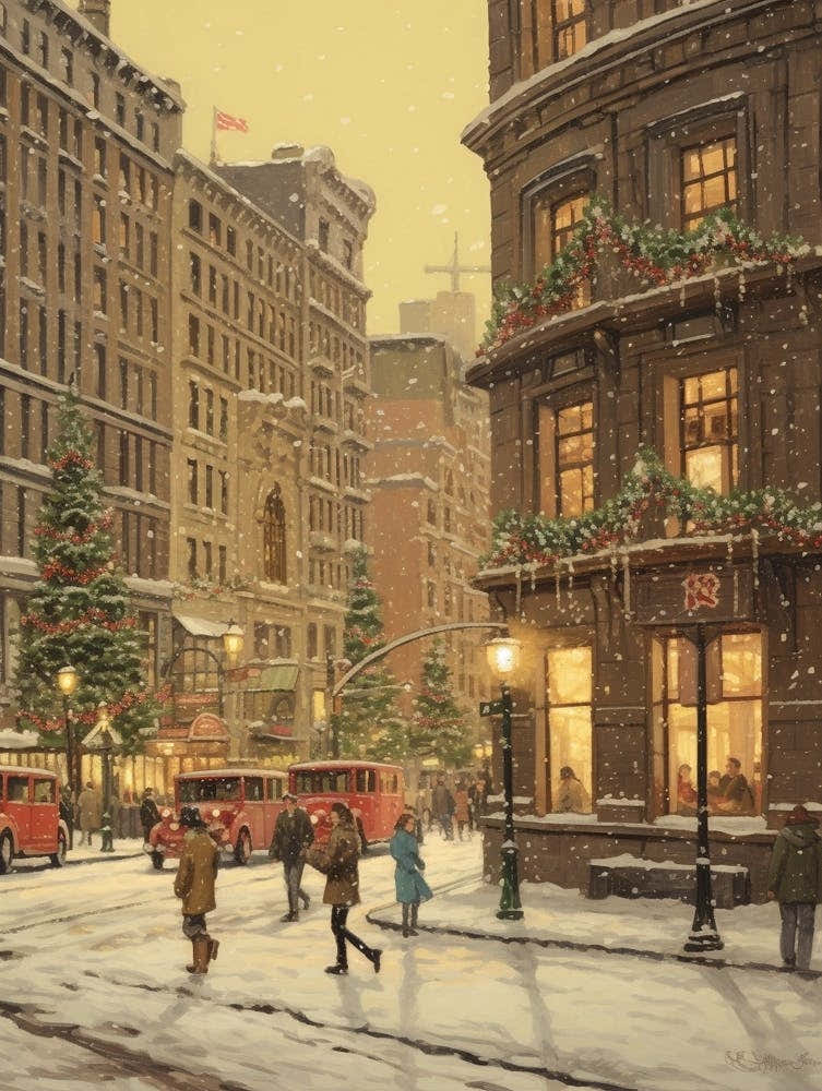 Vintage Winter Illustration New York City Usa 7
