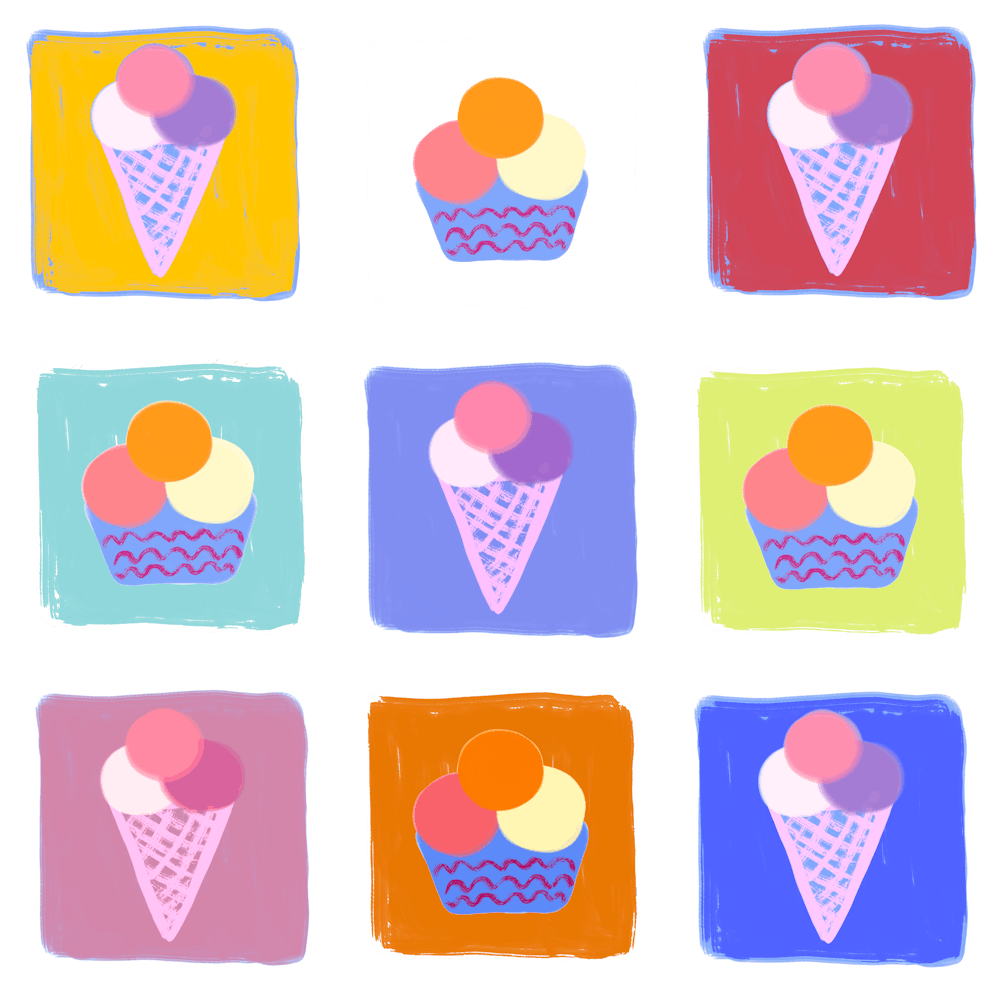 Ice cream cones and cups in bright colourful collage acrylic