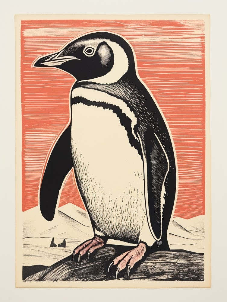 Vintage Bird Linocut Penguin 4