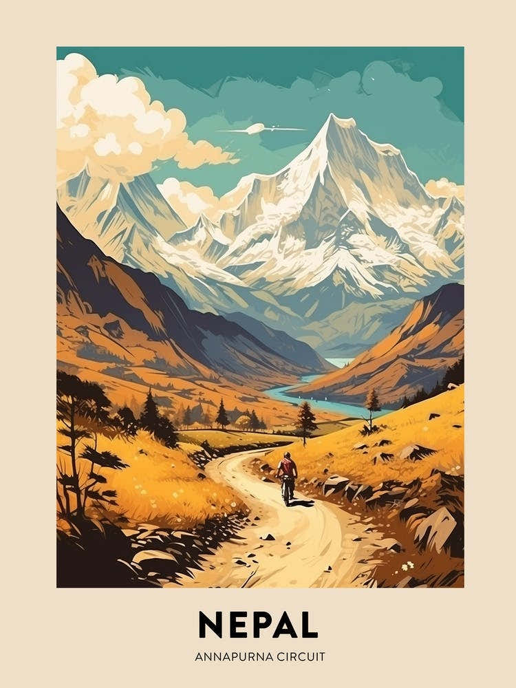 Annapurna Circuit Nepal 3 Vintage Hiking Travel Poster