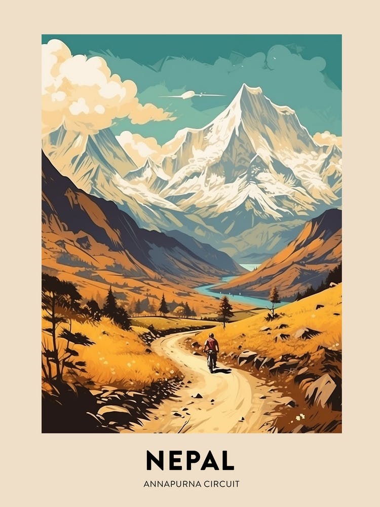 Annapurna Circuit Nepal 3 Vintage Hiking Travel Poster