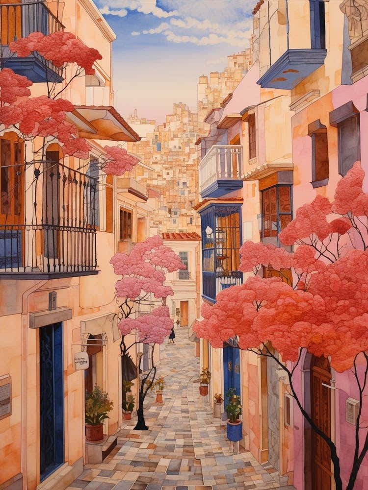 Malaga Spain 2 Vintage Pink Travel Illustration