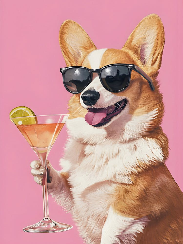 Corgi With Cocktail, Dog With Cosmo Bar Cart Decor