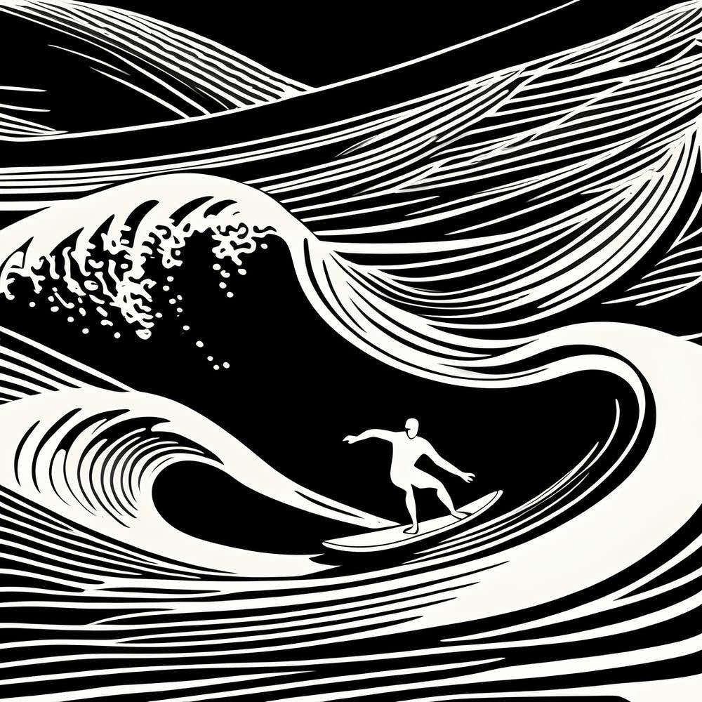 Linocut Black And White Surfer On A Wave art, surfing art, 243