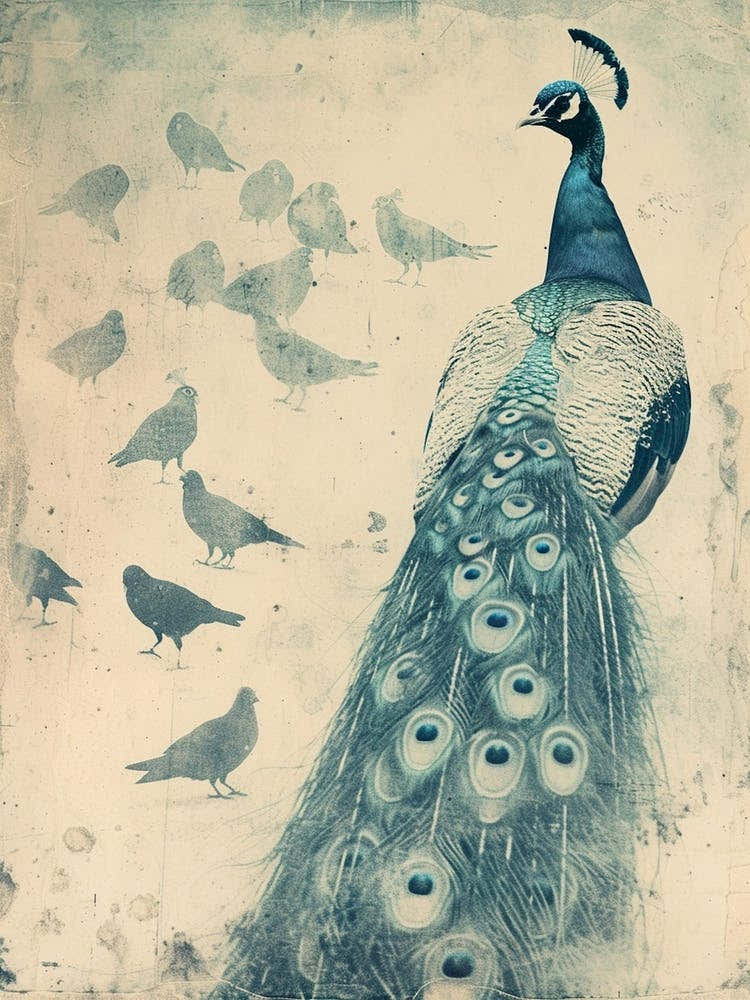 Vintage Peacock With Birds Cyanotype Inspired Turquoise