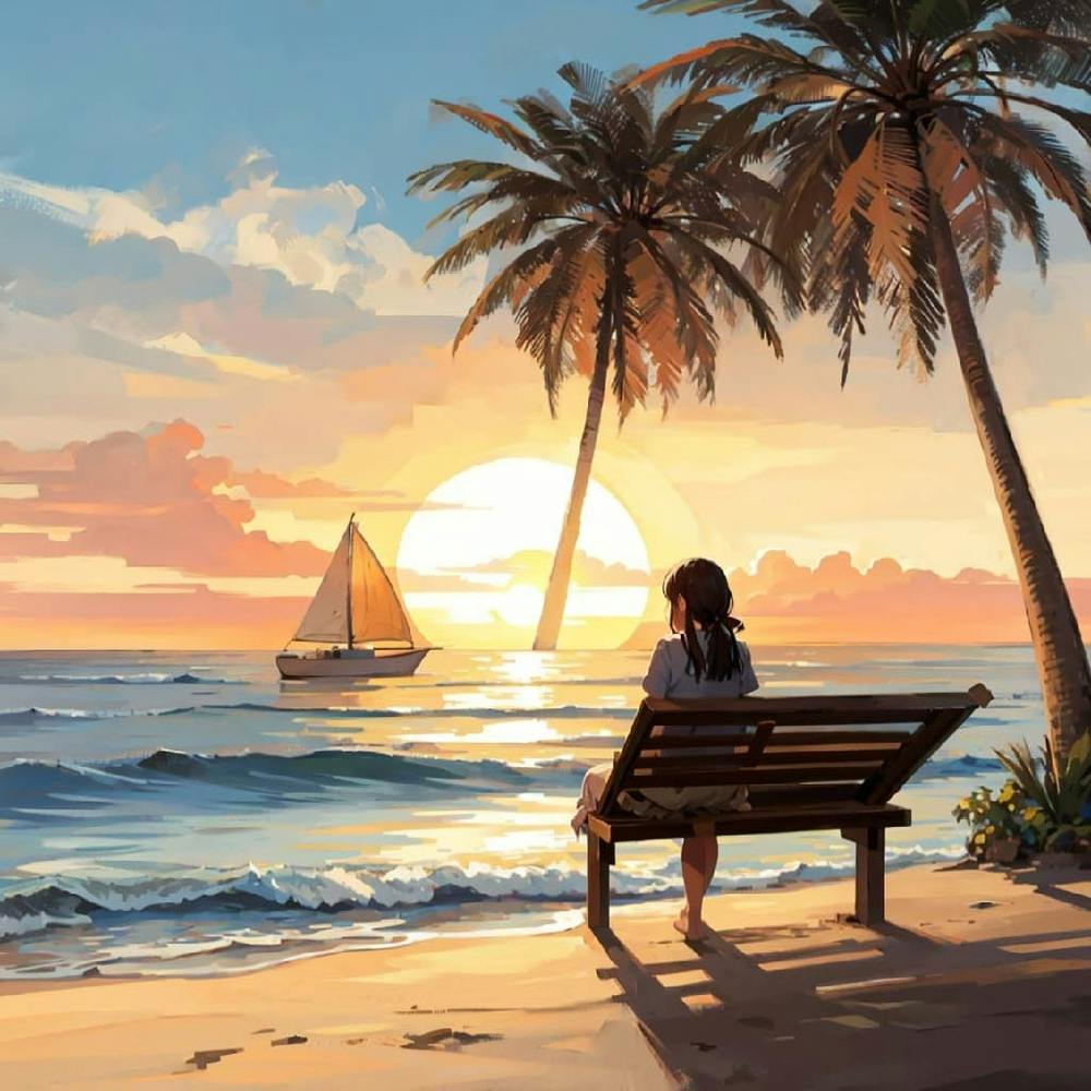 Sunset And A Woman Sitting On The Seashore