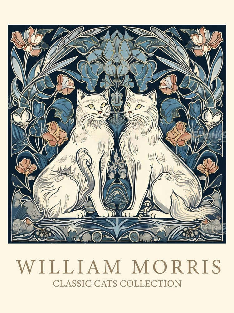 William Morris Inspired   Classic Cats White Cats Teal Blue