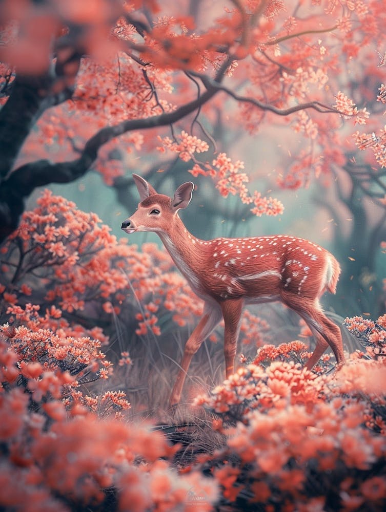 A Deer Walking, Surrounded By Pink Flowers, In The Style Of Surreal 3d Landscapes, Soft And Dreamy Tones, Fairy Tale, Xu Beihong, Detailed Character Design, High Quality Photo, Dark Orange And Light Cyan