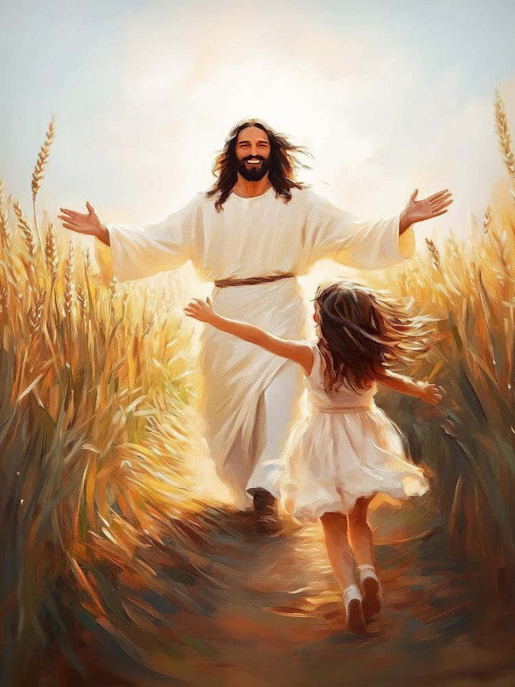 Girl Runs To Jesus, A Leap Of Faith, Christian Art, Jesus And Girl Art, Jesus Painting, Jesus And Children, Jesus Print, Jesus And Kids