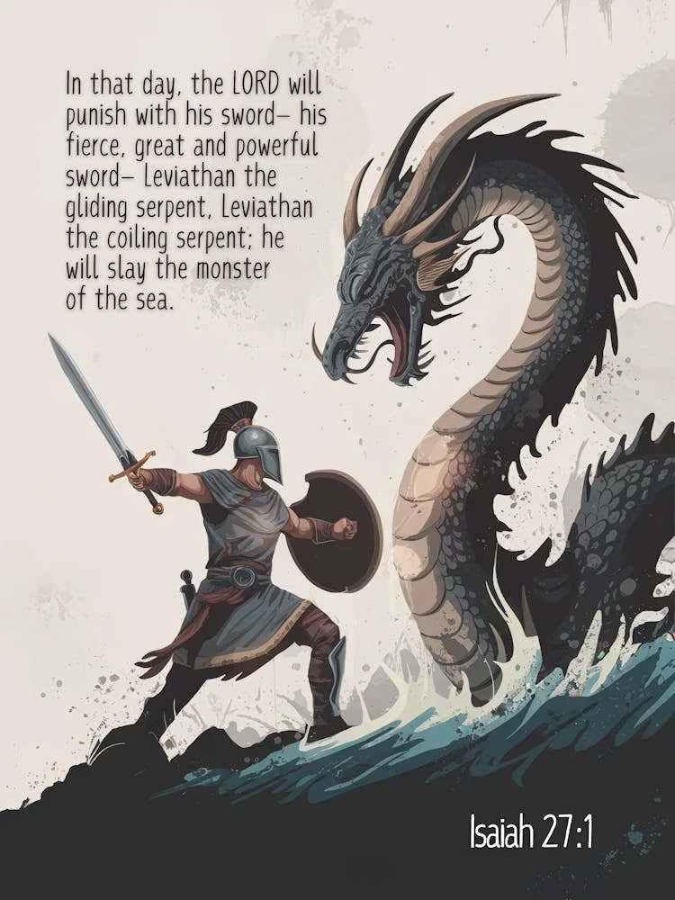 Isaiah 27:1, “In that day, the LORD will punish with his sword— his fierce, great and powerful sword— Leviathan the gliding serpent, Leviathan the coiling serpent; he will slay the monster of the sea.”, Dragon in the raging sea, Hero, God, Dragon, Snake,