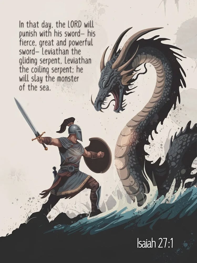 Isaiah 27:1, “In that day, the LORD will punish with his sword— his fierce, great and powerful sword— Leviathan the gliding serpent, Leviathan the coiling serpent; he will slay the monster of the sea.”, Dragon in the raging sea, Hero, God, Dragon, Snake, Satan, Christian Art, Bible Verse