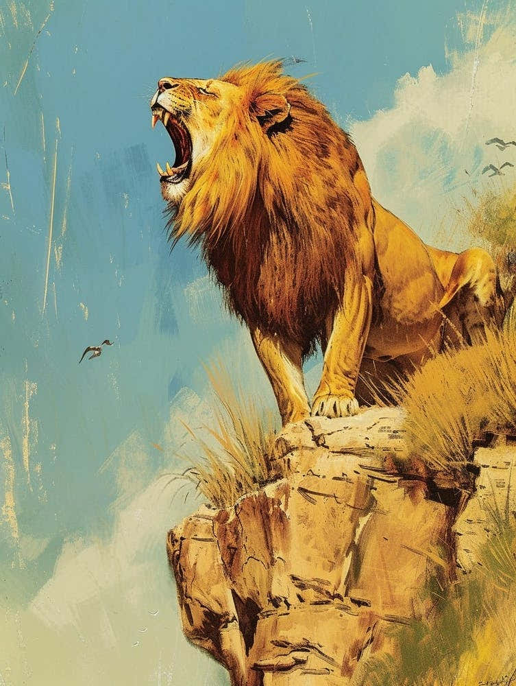 Barbary Lion Roaring On A Cliff Illustration 2