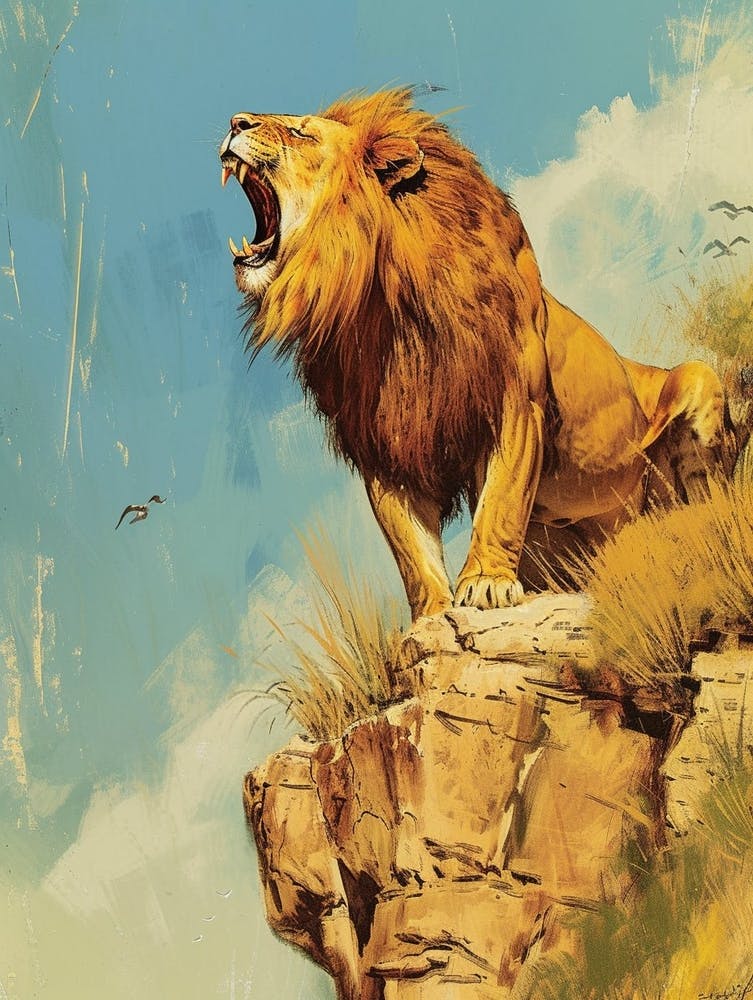 Barbary Lion Roaring On A Cliff Illustration 2