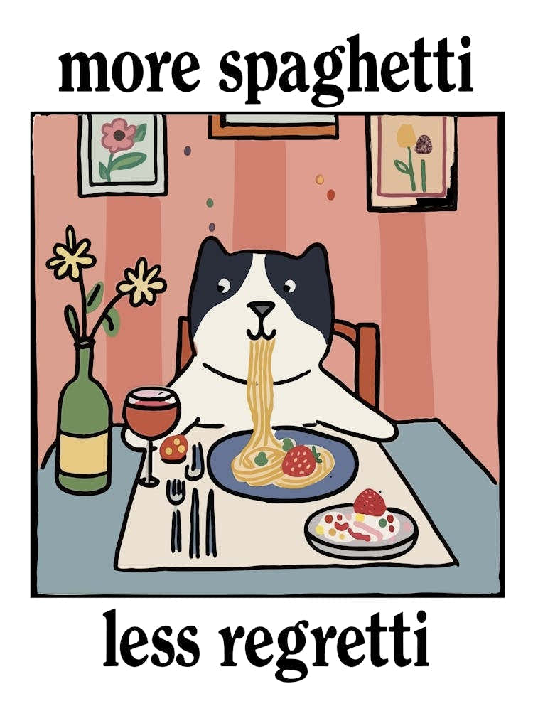 More Spaghetti Less Regretti White Black Dog Print Retro Diner Poster Cartoon Dining Pasta Posters, Italian Kitchen