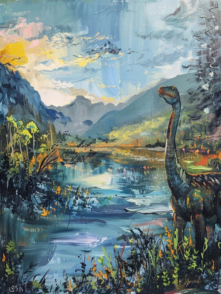 Dinosaur Relaxing By The River Painting