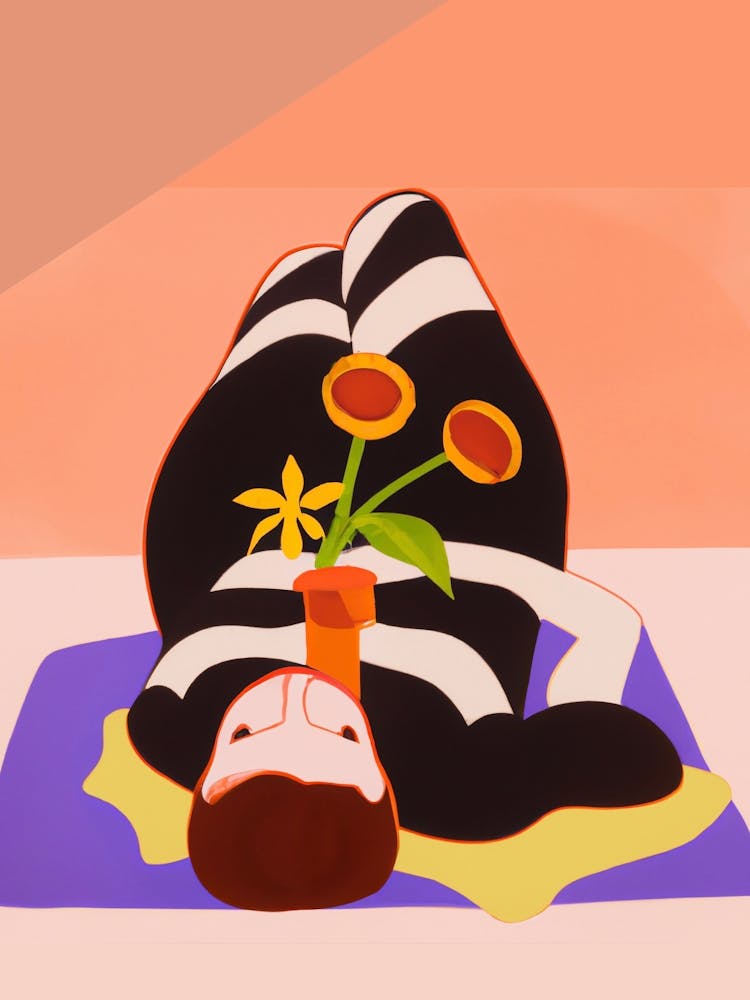 Woman Chilling On The Floor Holding Flowers