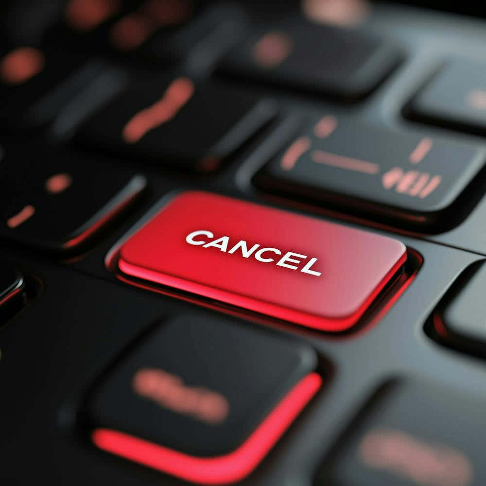 A Laptop Keyboard Shot With A Red Button Rectangle With The Word Cancel On It, High Resolution, High Details, Shot In The Style Of Sony Alpha A7 Iii