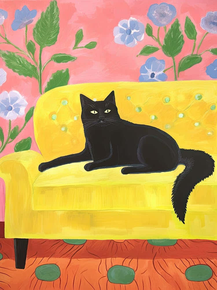 Black Cat Sitting In A Yellow Armchair