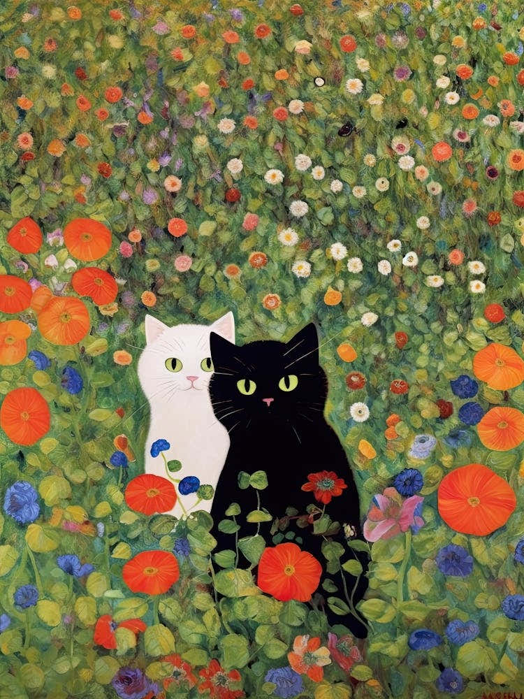 Flower Garden And A Black And White Cat, Inspired By Klimt 3