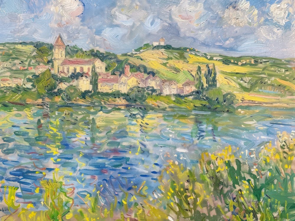 Rural Lakeside Retreat Painting Inspired By Paul Cezanne