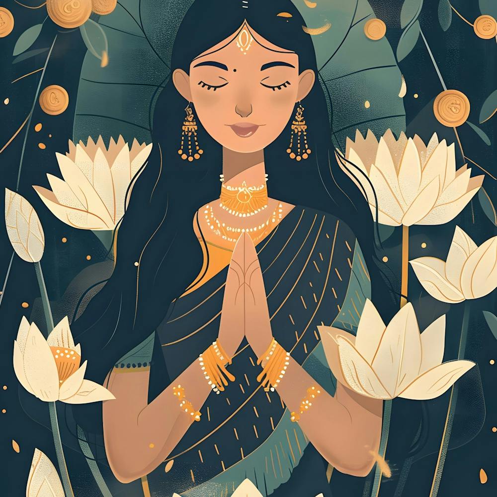 Indian Woman With Lotus Flowers