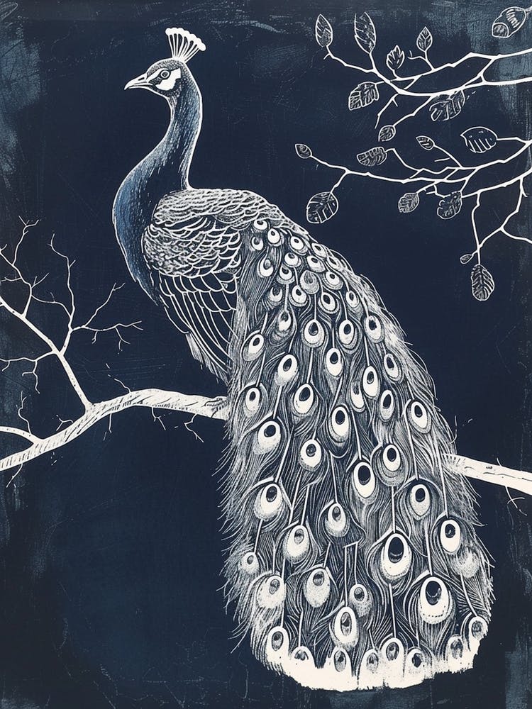 Navy & Cream Peacock On A Tree 1